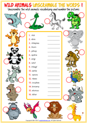 Wild Animals ESL Unscramble the Words Worksheets